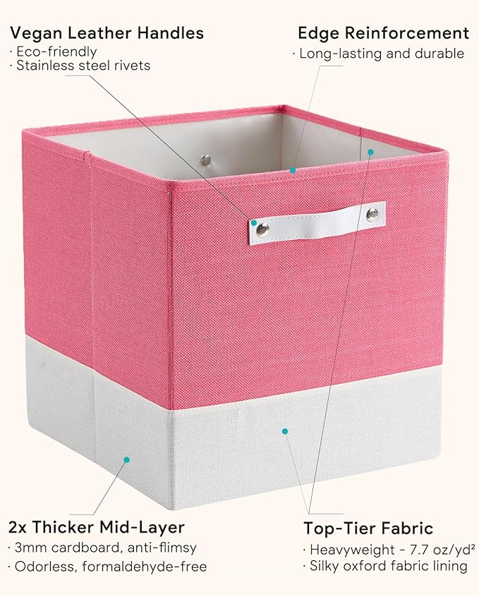Storage Cube Bins | 7.7 oz/yd² Fabric Cubby Organizer Baskets for Shelf, Bookcase, Closet, Cabinet, Wardrobe | 13x13 Cube Drawer | 6 Pack, Macaron & Cream White, 13x13x13 Inch