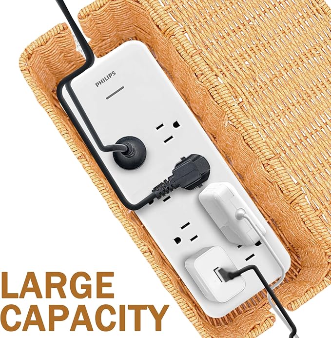 Cable Management Box, Handmade Imitation Rattan Cord Cable Organizer, Open Slots Cords Hider Box Cord Basket Under Desk Cord Organizer for Computer Router USB Hub & Power Strip