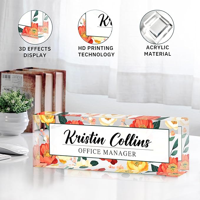 Custom Name Plate for Desk, Personalized Desk Name Plate on Clear Acrylic Glass, Appreciation Gifts for Teacher Employee Boss Coworkers Nurse, Office Desk Accessories for Women Men (Persimmon)