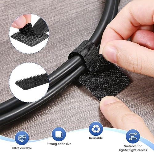 40-Pack Hook and Loop Cable Ties, 3.5 x 1.1 Inch Adjustable Self-Adhesive Cord Organizer for Desk/Home/Wall/Office Essentials, Cable Management Under Desk [Black]