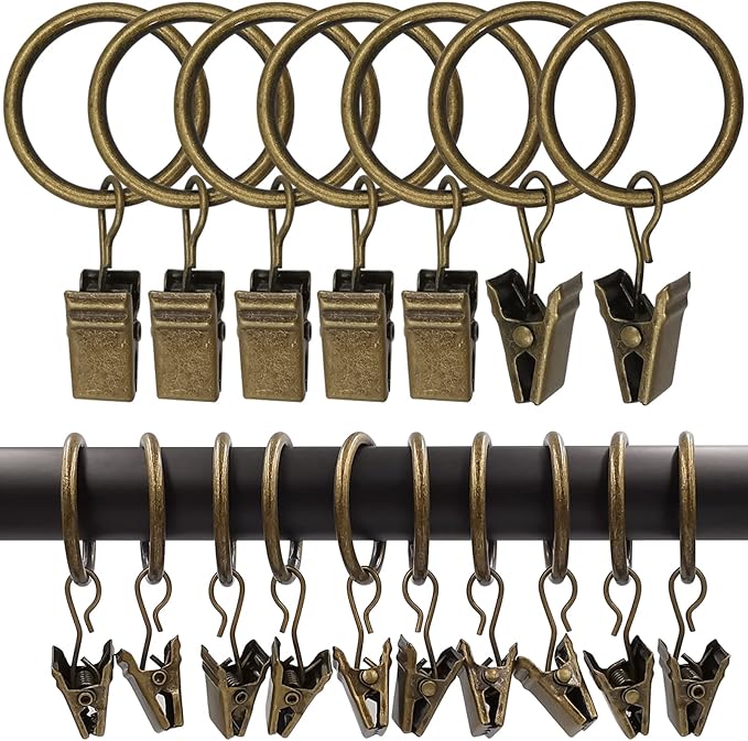 LLPJS 100 Pack Curtain Rings with Clips, Curtain Clip Rings Hooks, Bow Hanger Clips for Hanging Drapery Drapes Bows, Ring 1 inch Interior Diameter, Fits up to 5/8" Rod, Bronze