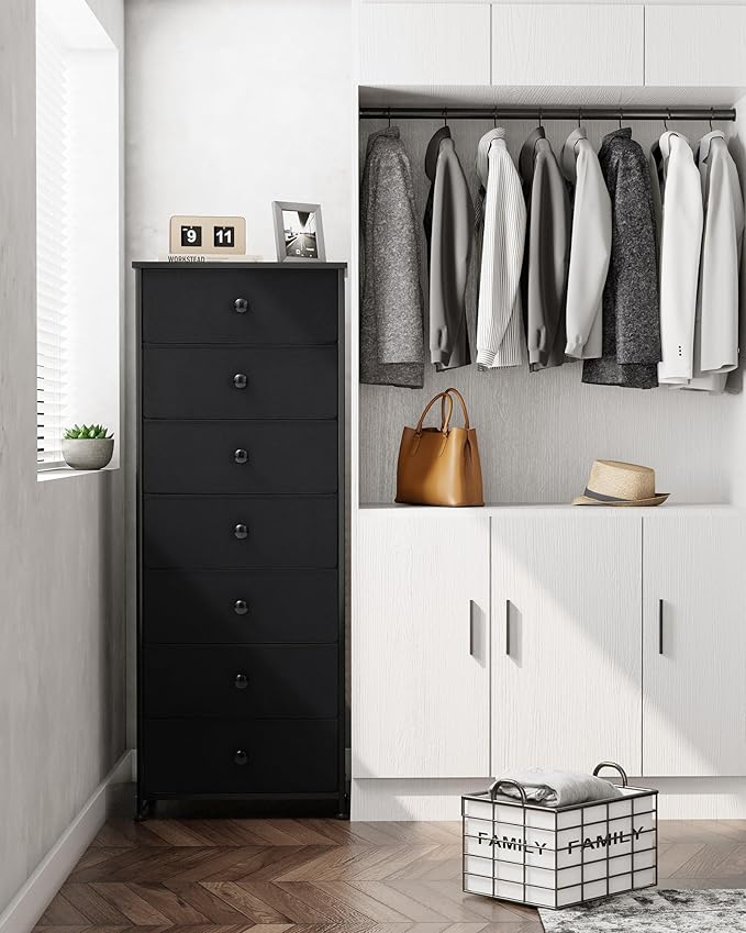 Crestlive Products Tall Dresser, 7-Drawer Fabric Storage Tower, Chests of Drawers - Vertical Organizer Unit for Bedroom, Hallway, Entryway, Nursery, Closets - Steel Frame, Wood Top & Handles (Black)