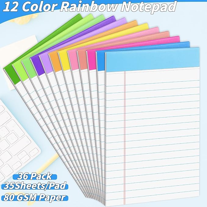 36 Pack Legal Pads Bulk, 5x8 Inch Rainbow Notepad, Note Pads College Ruled Perforated Memo Pad for Work Study Daily Note Taking List, Lined Writing Pads Memo Refills Notepads for Office Home School