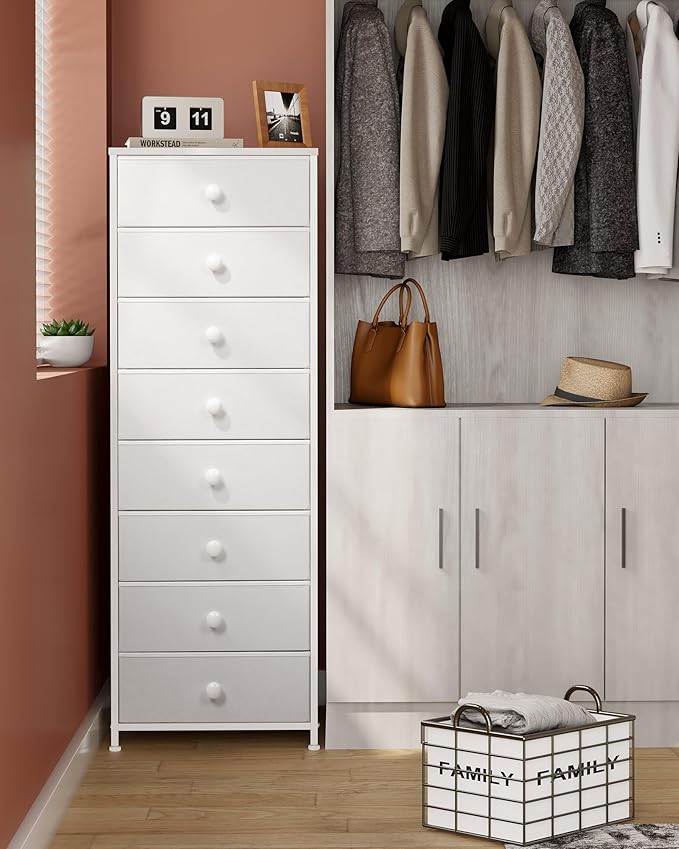 Crestlive Products Tall Dresser, 8-Drawer Fabirc Storage Tower, Chests of Drawers - Vertical Organizer Unit for Bedroom, Hallway, Entryway, Nursery, Closets - Steel Frame, Wood Top & Handles (White)