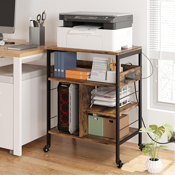 GarveeLife Printer Stand with Power Outlets, 4-Tier Rolling Printer Table with Lockable Wheels, Heavy Duty Printer Cart with Storage, Utility Storage Cart for Home, Office, Brown