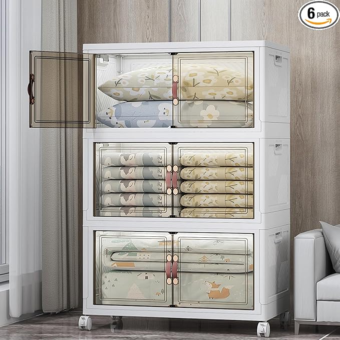 Extra Large Stackable Storage Bins with Lids & Wheels & Door, 480QT-160QT/40GAL*3Pack Foldable Collapsible Closet Organizers, Plastic containers drawers for bedroom Dorm