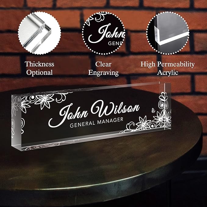 SalaGraphics Custom Engraved Acrylic Name Plates for Desks, Office Desk Plate Personalized, Decor Nameplate, Nurse Manager Employee Teacher Appreciation Gifts, Accessories (Flowers E)