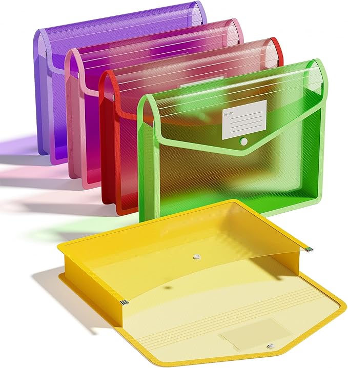 ThinkTex Plastic Expanding File Folder, Transparent Envelopes with Snap Closure,Suitable for Home, Office, School and Hospital, Large Capacity，No Dividers, Dopamine-5-Color, Fit Letter/A4 Size-5 Pcs