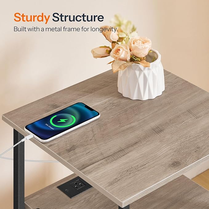 HOOBRO End Table with Charging Station, Bedside Table with 2 Drawer & USB Port & Type-C Port, Nightstand for Small Spaces, Stable and Sturdy, for Living Room, Greige and Black BG43UBZ01