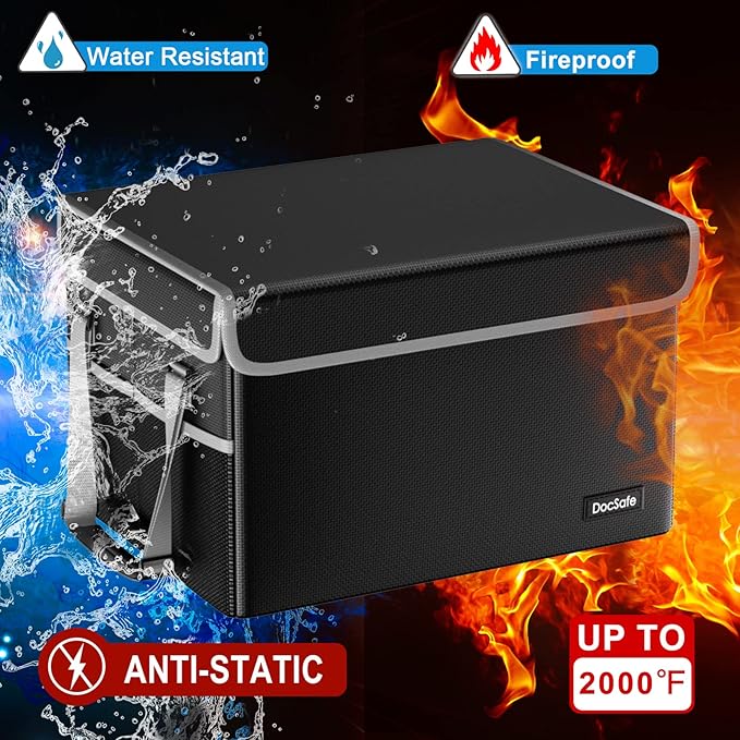 DocSafe File Box Fireproof File Storage Organizer with Lid,Collapsible Document Storage Filing Case for Hanging Letter/Legal Folders,Portable Home Office Safe Cabinet with Handle,Black