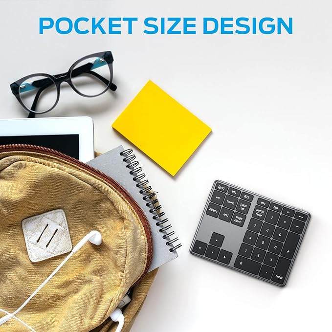 iClever Number Pad, Aluminum Wireless Number Pad for Multi Devices, USB-C Rechargeable, External 34-Keys Bluetooth Keyboard for Data Entry, Compatible for Laptop, Mac, iMac, Tablet, PC Desktop