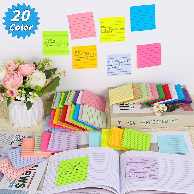 100 Pack Lined Sticky Notes Bulk 3 x 3 In Self-Stick Note Pads Colorful Posted Note in 20 Colors Adhesive Paper Memo 50Sheets/Pad Easy to Post for Office Home School Meetings Notebook Wall Door Window