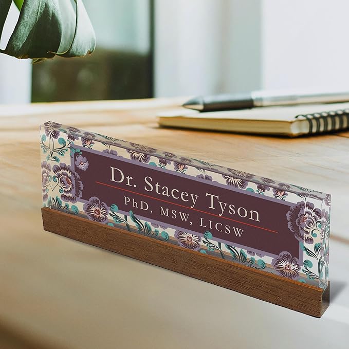 Artblox Personalized Office Desk Name Plate and Business Card Holder | Clear Acrylic Glass with Teak Wood Stand | Vintage Design Customized with Your Name and Credentials Office Desk Décor