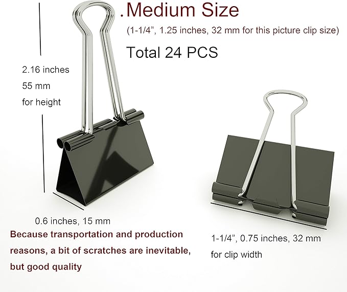 Nctinystore Binder Clips Medium Metal Clamp 1.25 inch / 32 mm (Black, 24-PCS)