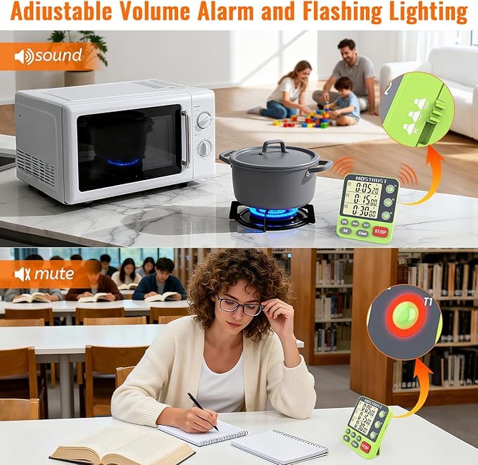 Digital Dual Kitchen Timer, 3 Channels Countdown Triple Timer for Cooking, Magnetic Memory-Preset Large-Display Adjustable Alarm Volume, Multi Times Management, 3A Battery Included, Green