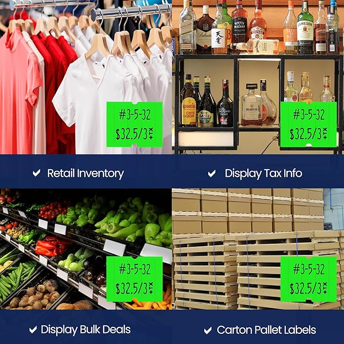 Perco 2 Line Fluorescent Green Labels - 80 Rolls, 10 Sleeves, 80,000 Blank Price and Date Gun Labels for Perco 2 Line Price and Date Guns - Made in USA
