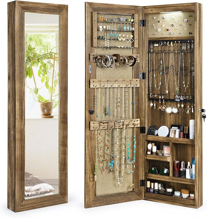 SRIWATANA Jewelry Armoire Cabinet, Solid Wood Jewelry Organizer with Full Length Mirror Wall/Door Mounted(Carbonized Black)