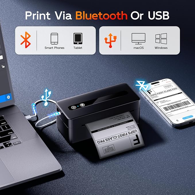 Bluetooth Thermal Label Printer, 300DPI 4X6 Shipping Label Printer for Small Business, Wireless Thermal Printer Compatible with Phone, iOS, Android, Windows, Mac, Amazon, Ebay, Shopify, Black