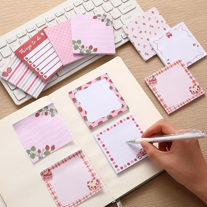 9 Pads Strawberry Sticky Notes 3x3 Inch Cute Self Stick Notepads Notes Adhesive Memo Pad Office Decor Gifts for Students School Teacher Meeting Office Supplies