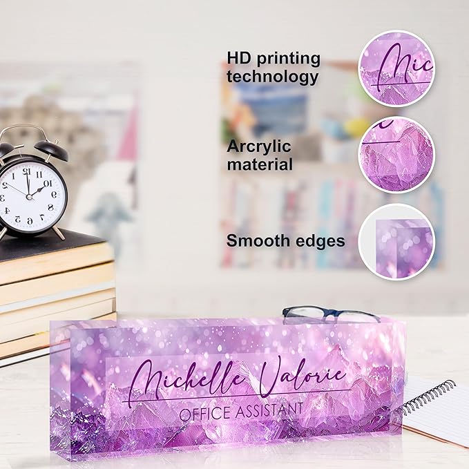 Personalized Office Name Plate, Custom Name Plate for Desks, Office Desk Decorations Gift for Women Men, Acrylic Desk Name Plate for Teacher Coworkers Staff Boss (Amethyst)