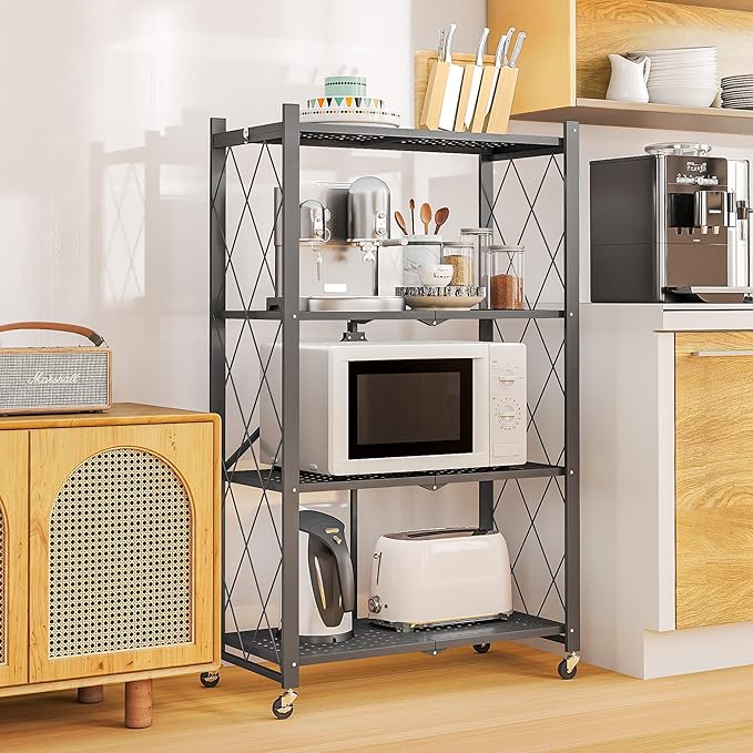 4-Tier Folding Metal Storage Shelf with Wheels, No Assembly Organizer Rack, Heavy Duty Collapsible Shelving Unit for Garage, Kitchen, Basement, Pantry, Living Room(New Upgrade - Gray, 4 Tier)