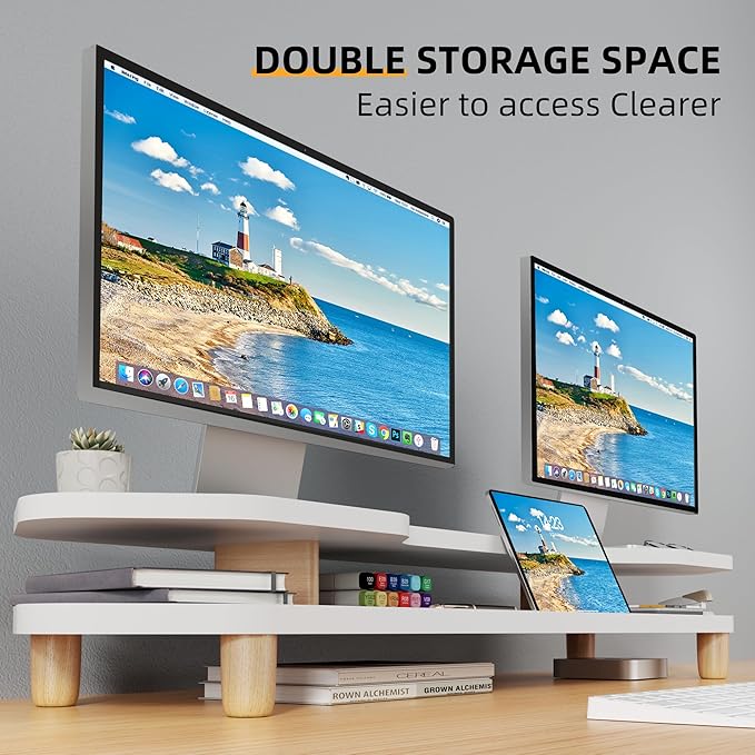 2 Tier White Dual Monitor Stand Riser,Wider Board Computer Monitor Stand for 2 Monitors,Slot For Phone/Tablet Office Desktop Organizer for Laptop,PC,Computer,Printer,White