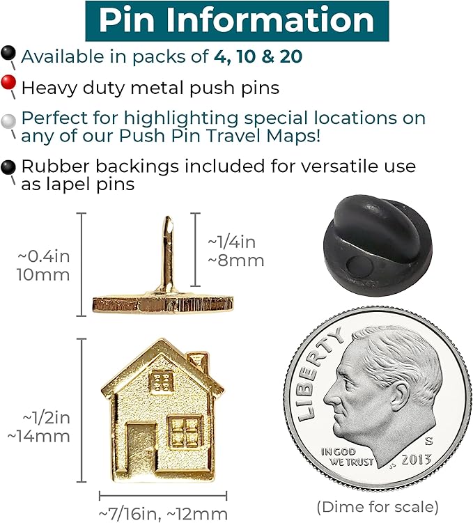Big House Push Pins - Gold Metal Home Pins - for Cork Board, Maps, or Lapel Pin Use - Designed in USA - Set of 10