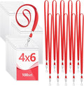 Chuangdi 100 Pcs Large 4 x 6 Inch Clear ID Badge Holder with Lanyard Waterproof Vertical Badge ID Card Holders Clear Plastic Tags Transparent PVC Pouch for Office (Red Lanyard)