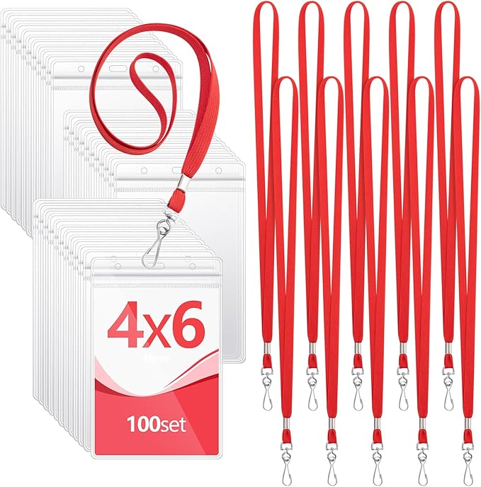 Chuangdi 100 Pcs Large 4 x 6 Inch Clear ID Badge Holder with Lanyard Waterproof Vertical Badge ID Card Holders Clear Plastic Tags Transparent PVC Pouch for Office (Red Lanyard)