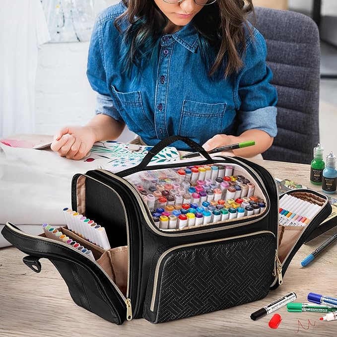 Marker Organizer Case Bag for 180-300 Markers, Large Marker Storage Bag with Detachable Divider for Adults, Marker Travel Holder Case Bag for Various Markers or Other Art Craft Supply, Black