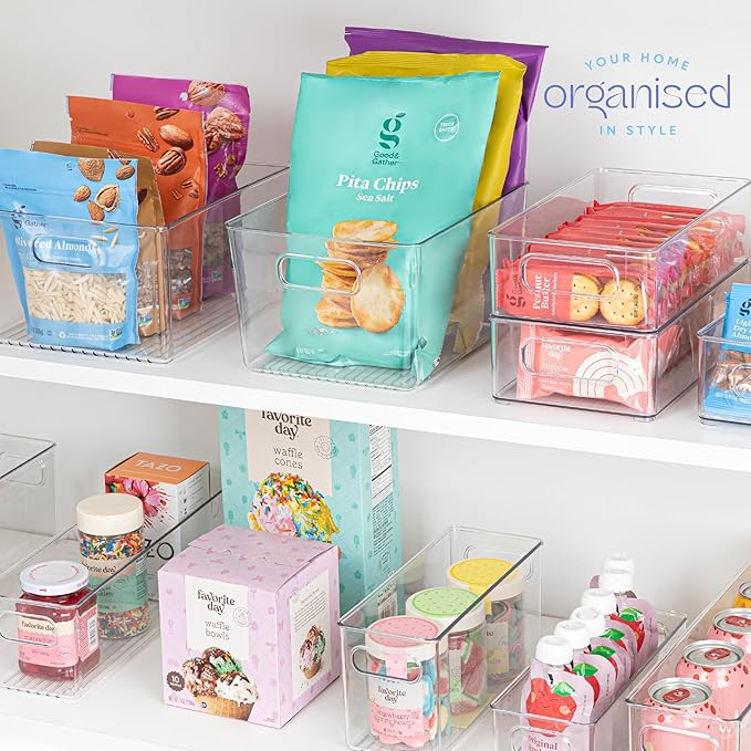 primebox Plastic Food Storage 2 Pack Clear Container Bin with Handles for Organizing Kitchen, Pantry, Refrigerator, Freezer, Pantry, Cabinet, Closet, Bathroom. 10”x7.5”x5.3”