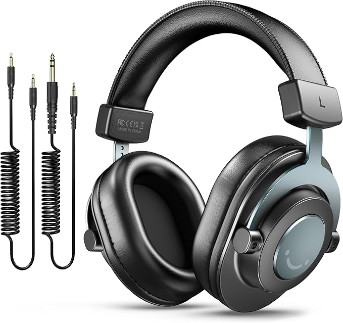 FIFINE Studio Monitor Headphones for Recording, Wired Headphones with 50mm Driver, Over Ear Headset with Detachable Cables 3.5mm or 6.35mm Jack, Black, on PC/Mixer/Amplifier-H8