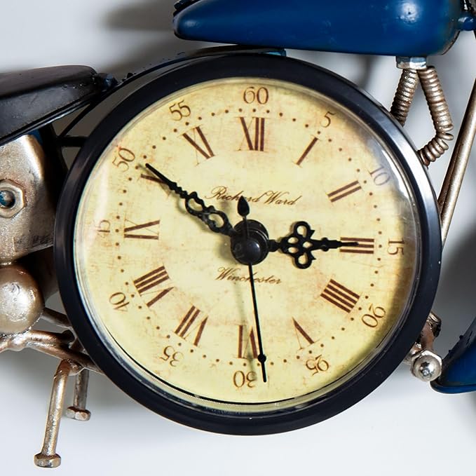 Berfutall-Metal Motorcycle Art Wall Decoration Desk Stand Clock, Battery Operated Creative Home Decoration Gift for Living Room Bedroom Office (B)