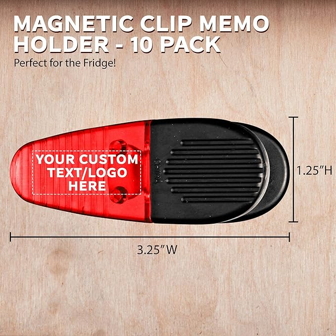 10 Magnetic Memo Holders Set - Customizable Text, Logo - Large Clip, Plastic - TRed