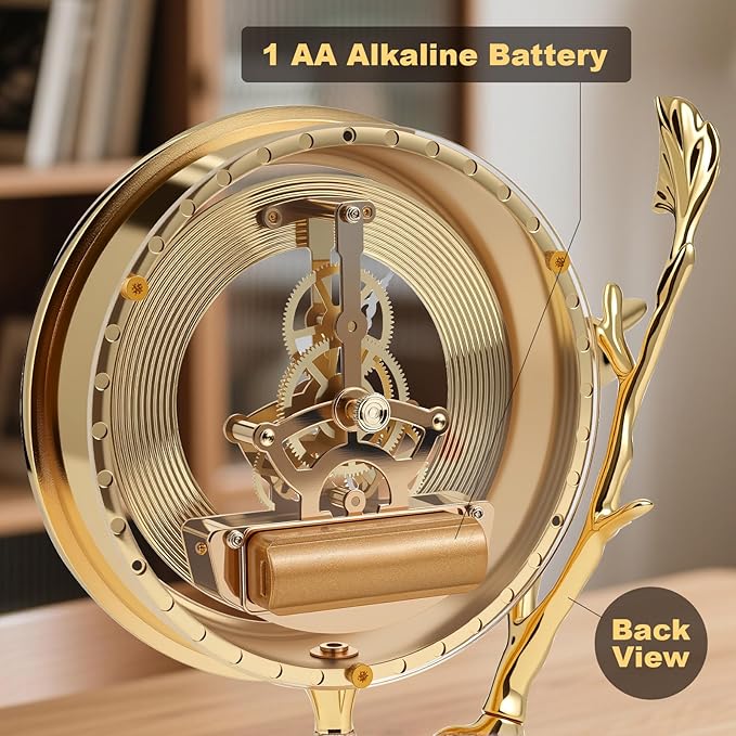 Anniversary Clock with Skeleton Dial & Gears, Golden Tabletop Clock for Living Room, Silent Battery Operated Desk Clock, Vintage Home Decor Gift Idea (Gold)
