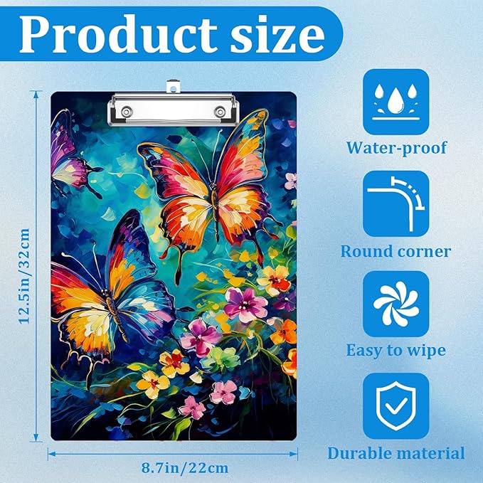 Colorful Butterfly Floral Clipboard Decorative Clip Board with Metal Clip A4 Standard Size 12.5" X 8.7" for Teacher Students Nurses Office