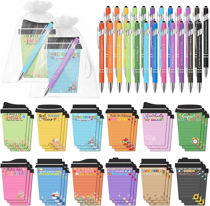 36 Sets Teacher Appreciation Gifts Bulk Coffee Cup Sticky Notes with Inspirational Pens, Funny Notepads Motivational Ballpoint Pen Thank You Gifts for Teacher Coworker Employee Nurse Office Supplies