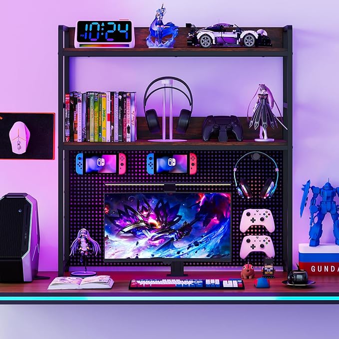 GOFLAME Desktop Bookshelf with Pegboard, 37 Inch Industrial Desk Hutch for Computer Monitor, 2-Tier Countertop Organizer Shelf with Safety Guardrails for Home Office, Dorm, Study, Rustic Brown