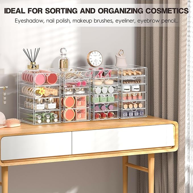 Acrylic Drawer Organizers - 21 Drawers 4 Set - Clear Storage Drawers for Office Supplies - Stackable Makeup Organizer - Dustproof Desk Organizers for Makeup, Jewelry, Pen, Stationary