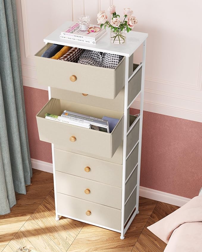 Crestlive Products Tall Dresser, 7-Drawer Fabric Storage Tower, Chests of Drawers - Vertical Organizer Unit for Bedroom, Hallway, Entryway, Nursery, Closets - Steel Frame, Wood Top & Handles (Beige)