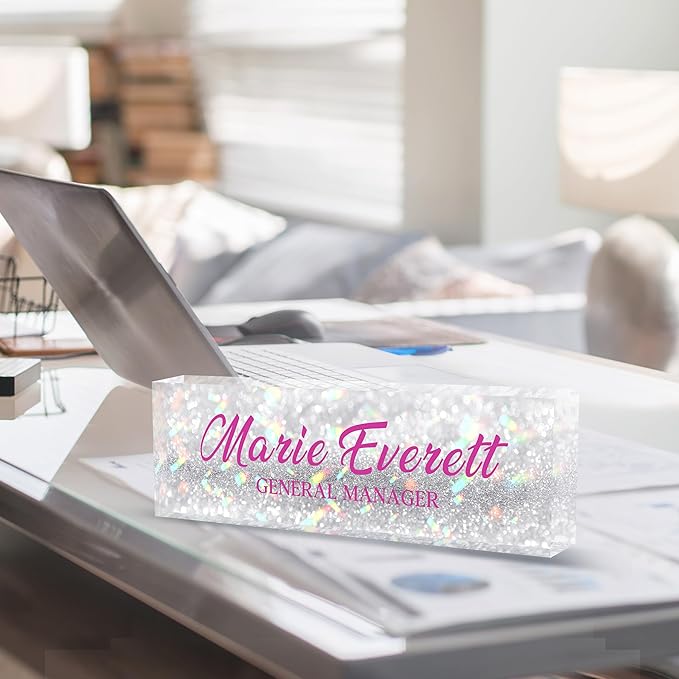 Custom Name Plate for Desk | Personalized Desk Name Plate | Personalized Boss Employee Appreciation Gifts | Acrylic Name Plate Office Desk Accessories (A-Silver Colored Crystal)