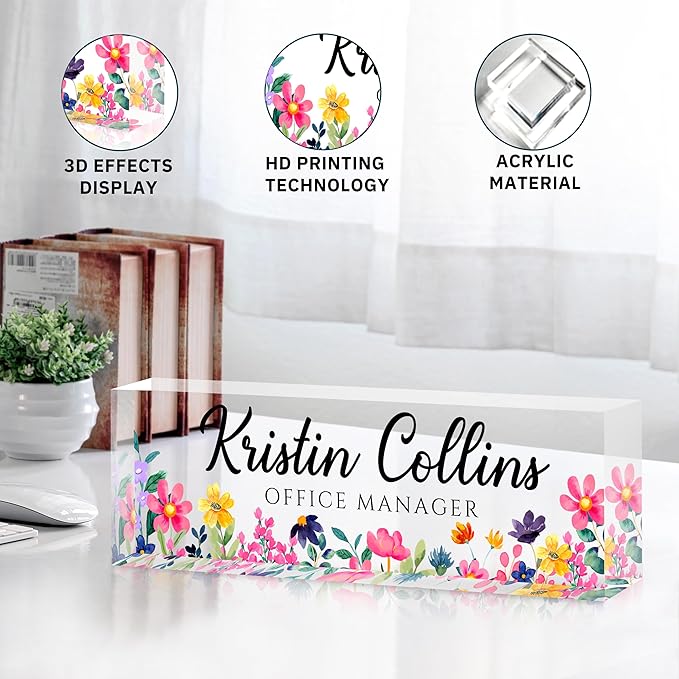 Custom Name Plate for Desk, Personalized Desk Name Plate on Clear Acrylic Glass, Appreciation Gifts for Teacher Employee Boss Coworkers Nurse, Office Desk Accessories for Women Men (Watermelon)