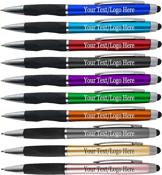 Personalized Pens With your Custom Logo or Text-300 Pack Bulk-for Businesses, Parties, and Events, 2 in 1 Ballpoint Pen + Capacitive Stylus for Touchscreen Devices, L'Blue Barrel, Blue Ink