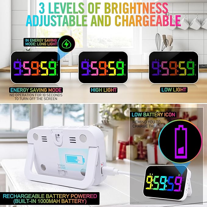 TXL Kitchen Timer for Cooking, Rechargeable Digital Magnetic Timer with Large LED Display, Loud Alarm, Sound Countdown, 4 Volume Levels and 3 Brightness for Classroom, Study (RGB)
