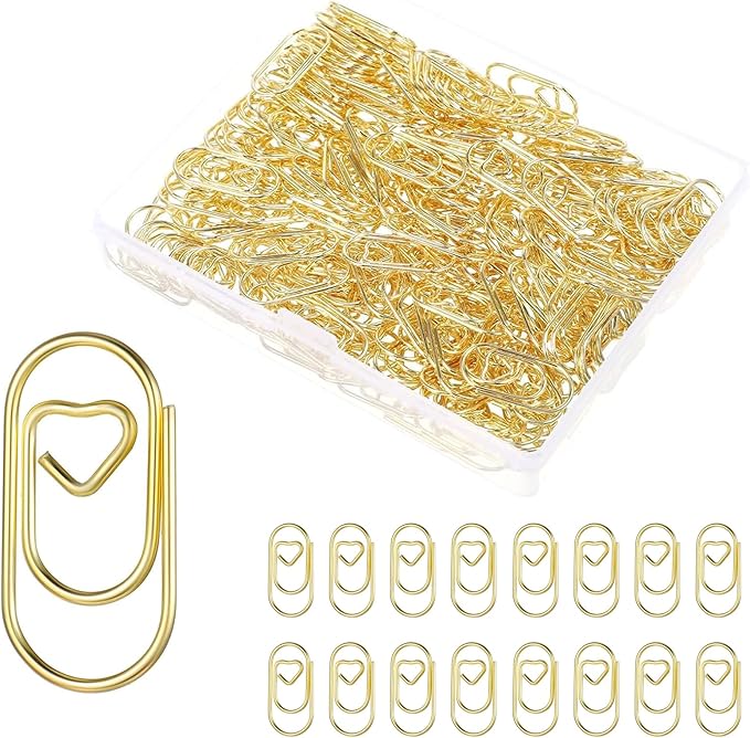 ADULLPONY Small Gold Paper Clips: Love Heart Shaped Paperclips 200 Pcs Mini Metal Cute Paper Clips Holder for Home Office School Desk Organizers Wedding Decorative Supplies