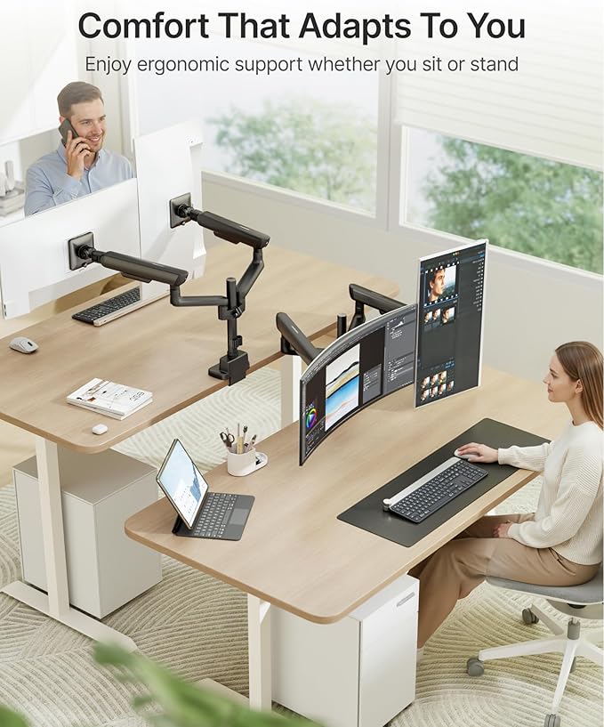 monTEK Dual Tall Monitor Arm with USB, Mechanical Spring Monitor Arm for 17-35" Screens, Adjustable Monitors Desk Mount Each Holds up to 24.2 lbs with C Clamp/Grommet, VESA 75/100mm, MA1011UCPBK-D