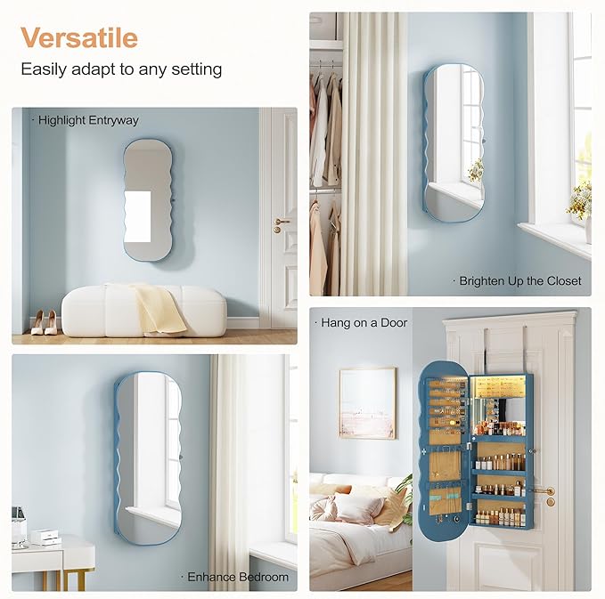 HNEBC LED Mirror Jewelry Cabinet,Wall or Door Mounted Jewelry Armoire Organizer with Lights,Lockable Wide Wavy Mirror with Storage,42.5" L Full Length Mirror with Jewelry Storage,Interior Mirror