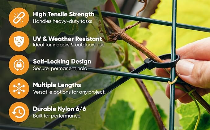 Zip Ties 10 inch (200 Pack), 120 lbs Tensile Strength. Ultra Heavy Duty, UV Resistant, Self-locking, Multi-Purpose Nylon Cable Ties, Black Wire Ties for Indoor, Outdoor, Home, Office Use by Nirah