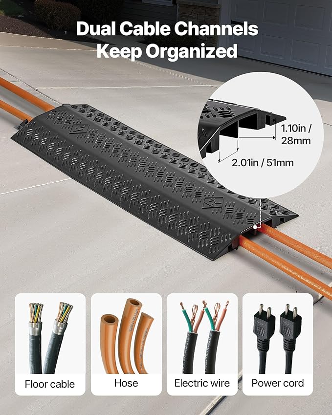 VEVOR 3 Pack Drop Over Cable Cover, 2 Channel Heavy Duty Cable Hose Protector Ramp, 38.3'' Floor Cord Cover, 17,500 lbs/Axle Load Capacity, for Traffic Areas, Indoor, Outdoor, Home, Office, Warehouse