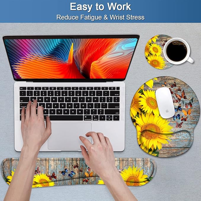 Keyboard Wrist Rest and Mouse Pad Wrist Support Set with Coasters, Sunflower and Butterfly Design Wrist Mouse Pad with Non-Slip PU Base for Computer Laptop Home Office Working Studying Easy Typing